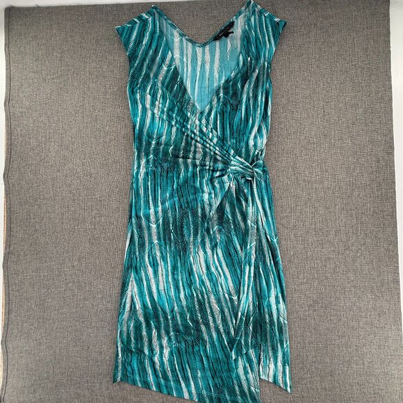 BCBG Maxazria faux Wrap Dress Teal Sleeveless Small V-Neckline Tie Side Stretchy - Picture 2 of 14
